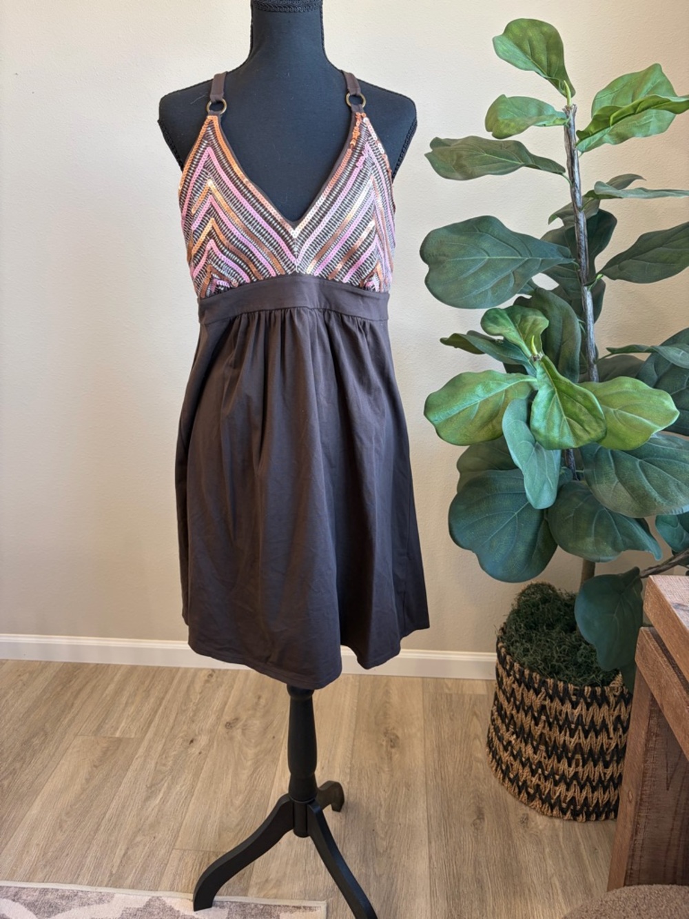 Victoria's Secret Brown Dress with Multicolor Beaded V-Neck - Picture 2 of 4